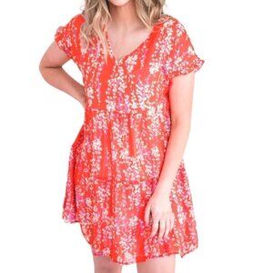 NWT ePretty Floral Tiered V Neck Ruffle Sleeve Mini Dress‎ Red White Size Medium